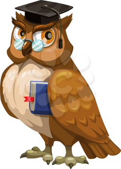 Owl in graduation cap and glasses isolated bird. Vector feathered animal, back to school
