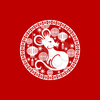 Rat symbol of Chinese New Year round ornament with flowers and clouds. Vector paper cut coin with mouse