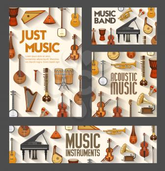 Classic orchestra, jazz and folk music instruments posters. Vector acoustic music concert and sound band festival, piano, gramophone, Russian balalaika and Greek sitar, African drums and Japanese biwa