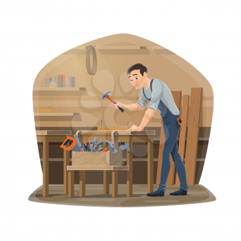 Carpenter man at workshop, carpentry woodwork and furniture making tools. Vector carpenter man with hammer nailing wood and timber planks, chisel plane, vise and ruler carpentry toolbox at desk table