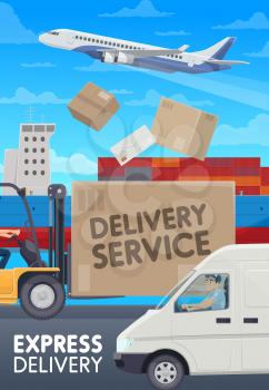 Mail delivery, logistic and freight transportation service. Vector post office shipping transport, avia and Maritime cargo with containers, courier or mailman with parcels and envelope letter delivery