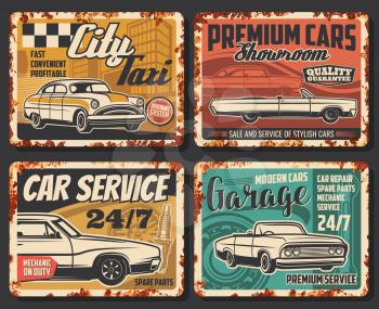 Car service retro posters, auto mechanic garage and vehicle maintenance station rusty signs. Vector automobile repair service plates, engine, city taxi and premium car showroom rust effect plates