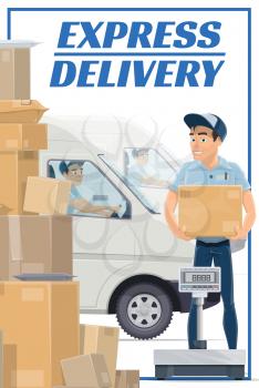 Express mail delivery, postage logistics and freight shipping service. Vector mailman on delivering parcel boxes from post office sorting center, postal courier van car transport