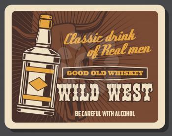 Wild West vintage retro poster, whiskey bar saloon, American Western cowboy pub. American Wild West, Texas and Arizona alcohol drinks saloon, longhorn bull skull