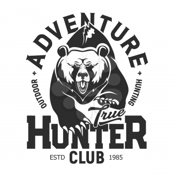 Grizzly bear, hunter club adventure T-shirt print template. Vector isolated outdoor hunt sport, wild roaring and running bear with claws, T shirt grunge print template