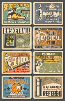 Basketball sport club and streetball school, vintage retro posters. Vector basketball professional sportswear and equipment shop retro, streetball championship or university team tournament