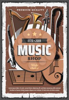 Music instruments shop vintage retro poster, live concert and folk band festival sound equipment. Vector music instruments, harp, rock electric guitar and jazz saxophone, classical harp and trumpet
