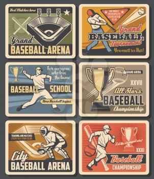 Baseball victory cup championship, team league playoff tournament at grand arena vintage retro posters. Vector baseball school fan club and college softball team sport