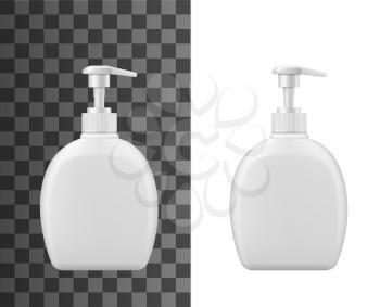 Liquid soap plastic bottle dispenser with pump. Vector isolated realistic 3D mockup template of white plastic bottle container for liquid soap, shampoo or cosmetic moisturizer cream
