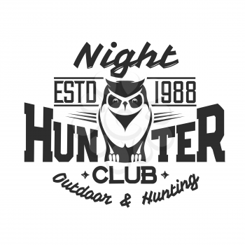 Night hunting, hunter club adventure T-shirt print template. Vector isolated outdoor hunt sport, wild owl bird and stars, 1988 estd T shirt grunge print template
