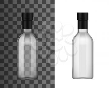 Empty transparent glass bottle with foil bottleneck cap, realistic 3d mockup template. Vector isolated blank alcohol drink or cooking oil bottle, premium vodka, sauce or olive oil bottle