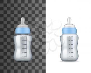 Baby milk bottles, realistic 3D mockup templates. Vector isolated baby feeding bottles of transparent plastic with milk or nutrition food, nipple and capacity volume measuring grades