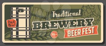 Oktoberfest festival, German craft beer brewery pub and bar vintage retro banner. Vector German traditional Oktoberfest brew house beer in wooden barrel and cask, wheat malt and hop
