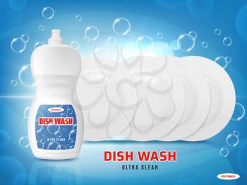 Dish wash liquid with soap bubbles and plates shine light on blue vector background. Dishwashing liquid detergent advertising poster template, ultra clean dish wash new formula