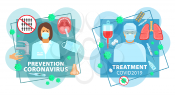 Coronavirus prevention and treatment medicine, hand wash and medical test, vector. Coronavirus COVID 19 pandemic and epidemic antiviral treatment, doctor in masks, blood transfusion and medical help