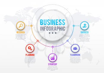 Business infographics template of step chart or process graph. Vector presentation diagram with world map, options and text layouts, business flow chart or data report design