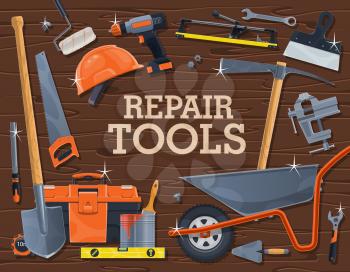 Repair tools of construction, carpentry and building industry. Vector DIY instruments and equipment, spanner, wrench, hard hat and toolbox, paint, brush, roller and spade, drill, trowel and spatula