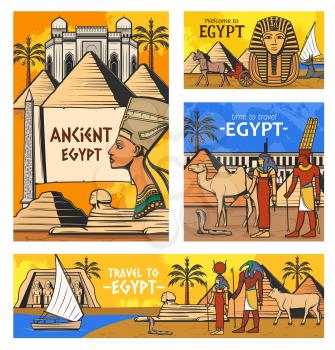 Egypt travel vector design with Ancient Egyptian pharaoh pyramids and gods. History and culture symbols of Egyptian mythology and religion, Sphinx, camel and Ankh sign, Tutankhamun mask, tomb, temple