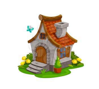 Fairy house, dwarf gnome and elf home, vector isolated cartoon icon. Fairy tale dwarf gnome house hut with chimney, wooden door and stair, flowers in garden grass and butterfly