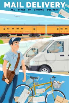 Post mail delivery service, vector. Fast courier postman, van, bike and railway train post and parcel shipping. Express delivery service, cartoon post office man with bag for correspondence
