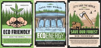 Ecology and environment protection, save the world and forest eco friendly retro posters, grunge vector design. Hands holding sprout, water dam hydroelectric station, wild bear animal and birds