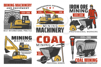 Mining industry isolated vector icons set. Coal production professional equipment and workers, machinery excavation service. Iron ore mine company, bulldozer, extraction industry, miner tools signs