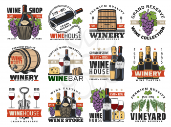 Wine, winemaking and viticulture isolated vector icons set. Shop, wine bottles, glasses and grapes, champagne, cheese, bread and vineyard vines. Alcohol drink and food snack, grand reserve labels