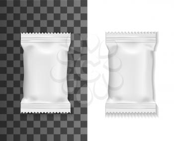 White pack mockup, sachet or pouch bag isolated 3d vector realistic blank package for food, wet towels or cosmetics. Foil, plastic or paper white rectangular packs, packaging object