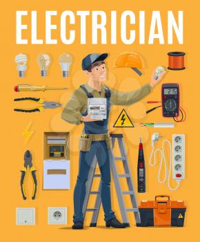 Electrician with work tools and electrical equipment toolbox. Electric power industry profession, engineer or wireman in uniform hold electricity lamp and meter, tester, toolbox vector illustration