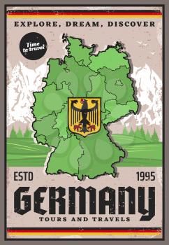 Germany travel retro poster of vector German map and coat of arms with black eagle on yellow shield, mountain and forest tree landscape. Tourist tours, routes and European tourism themes