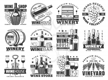 Wine bottle, barrel and grape bunch vector icons of winery and alcohol drinks design. Wine and champagne with glasses, corkscrew and cheese, vineyard grape vines, bottle stand and wicker baskets
