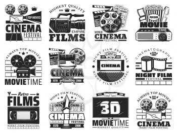 Cinema and movie theater vector icons. Film reel, popcorn and 3d glasses, tv set, camera and cinema tickets, director chair, clapperboard and videotape monochrome emblems and symbols design