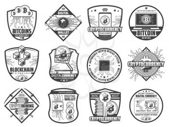 Cryptocurrency vector badges with bitcoins, crypto currency coins and blockchain, digital wallet, mining pickaxe, computer and mobile phone, data cloud, key and bank card. Cryptocurrency shield icons
