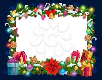 Christmas blank white paper card in vector Xmas decorations frame. Christmas tree lights and New Year winter holiday ornaments, golden bell and gift boxes, socks and candy canes, cones and cookies