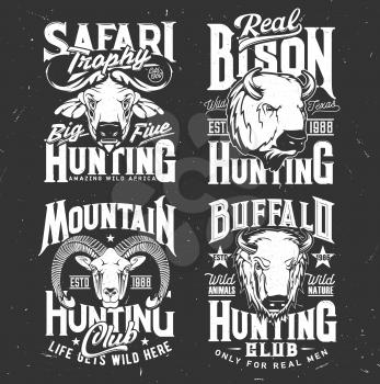 Tshirt print with mountain goat, buffalo and bison heads. Vector wild animals mascots for hunting and safari hunter club, black and white labels for apparel design, isolated emblems for hunt society
