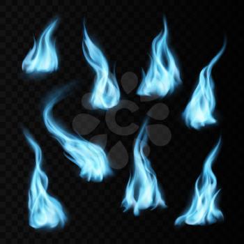 Gas realistic blue fire flames and trails with long burning tongues. Vector natural fossil burning, magic blaze 3d effect, glowing shining flare design elements set isolated on transparent background