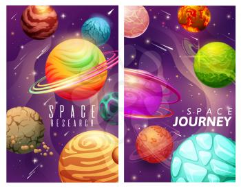 Cartoon space planets and stars, galaxy journey and research vector posters. Universe exploration, adventure in cosmos, fantastic interstellar travel, cosmic expedition cards graphic design