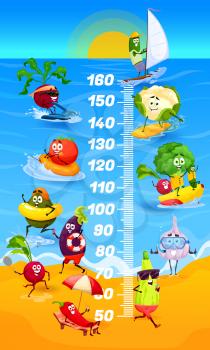 Kids height chart. Cartoon vegetables on beach growth meter. Happy vector veggies summer leisure, characters broccoli, radish and eggplant with tomato sailing, tanning at sea shore, swimming in ocean