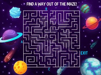Space labyrinth maze, cartoon galaxy. Kids vector boardgame with planets and meteors in deep cosmos. Board game with path in space with three entrance and one exit. Riddle with cosmic fantasy world