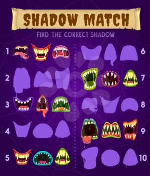 Shadow game find and match correct puzzle, vector activity riddle for children. Shadow match kids game with Halloween cartoon monsters mouth, visual logic quiz with fang teeth and tongues