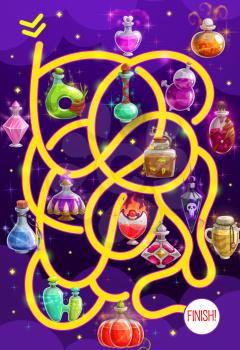 Kids maze game with potion bottles, vector labyrinth puzzle find correct way board game. Task with tangled path and cartoon magic flasks. Educational children boardgame, riddle for preschool activity