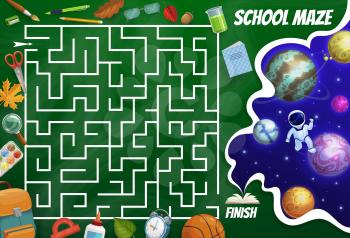 Kids labyrinth maze game, space planets and astronaut, school stationery and autumn leaves. Vector boardgame with square tangled path, start, finish and cartoon educational stuff. Children test riddle