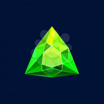 Green magic crystal vector icon, rock, gem stone. Triangular faceted shape of precious or semiprecious emerald gemstone, organic mineral jewelry isolated cartoon sign