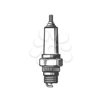 Spark plug vehicle or motorcycle spare part, automobile gear isolated monochrome icon. Vector sparkplug with threading, electrode, tip protrusion and heat range. Sparking-plug with thick cylinder head