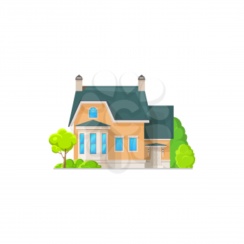 Cottage house residential hotel isolated building icon. Vector real estate cottage, country house with chimney pipes, entrance door and windows. Urban private home, villa or private home townhouse