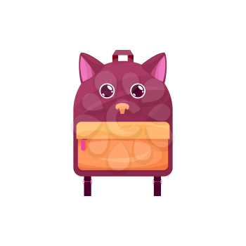 Baby schoolbag isolated vector icon, cute rucksack with cat or dog muzzle and ears. Cartoon kids backpack for girl or boy, preschooler or student knapsack on white background