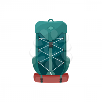 Backpack vector icon, camping or hiking rucksack, cartoon touristic green knapsack with lacing and mat. Sport or travel equipment isolated on white background, luggage sign