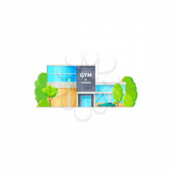 Luxury fitness center in elite urban area isolated cartoon icon. Vector gym sport club, city architecture front view facade. Vector training gymnastic house with glass windows, trees, modern building