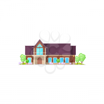 American house, rural two-storey building facade exterior isolated neighborhood architecture cartoon element icon. Vector private property on sale, vintage home with trees and potted plants