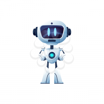 Cartoon robot vector cyborg, toy or bot character, artificial intelligence technology. Friendly ai humanized robot with arms akimbo and digital glow face, cute isolated electronic chatbot